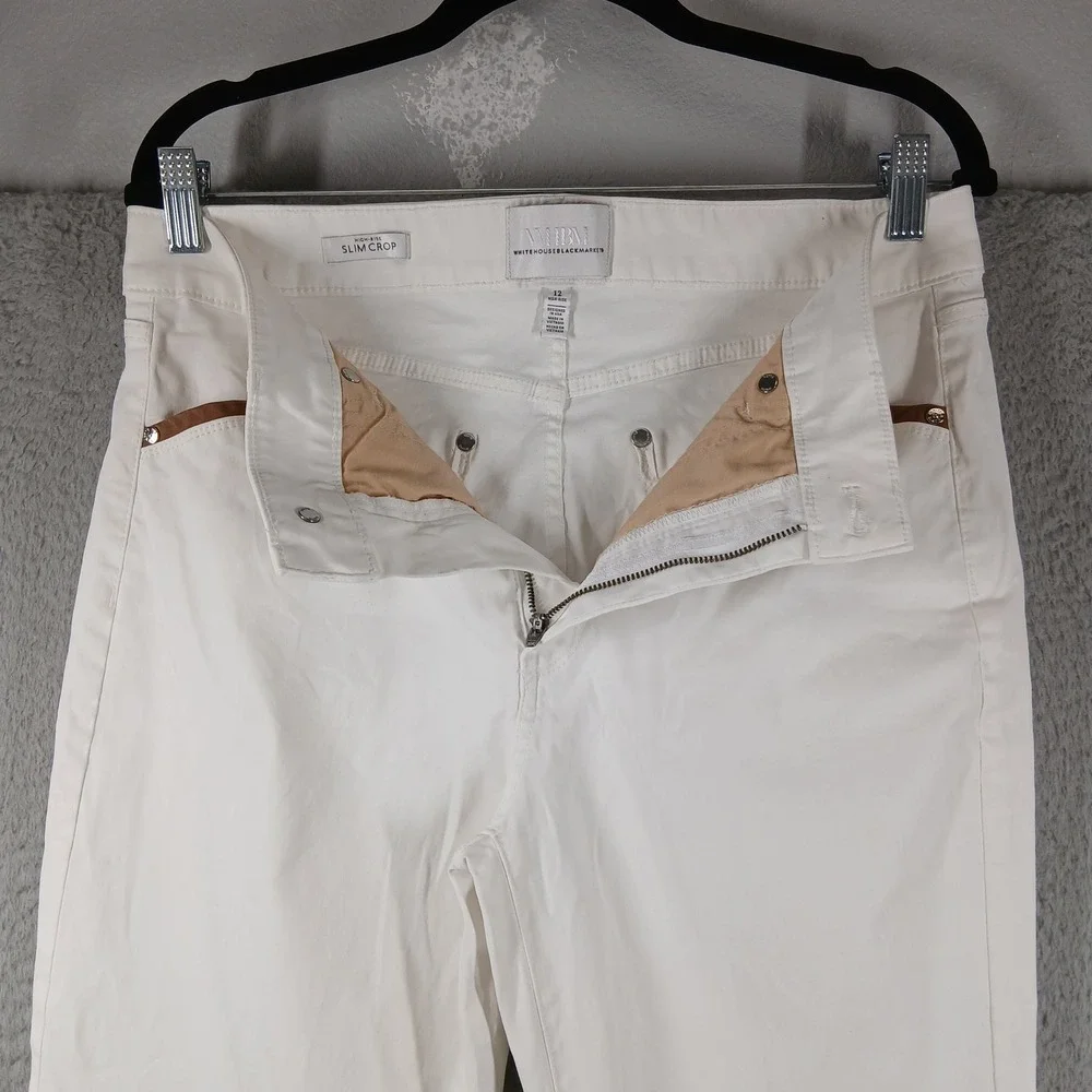 WHBM High Rise Slim Crop Pants Off White‎ Tan Pocket Trim Size 14